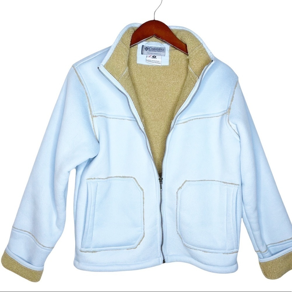 Columbia Sherpa Lined Faux Suede Zip Front Jacket Size Medium in Powder Blue